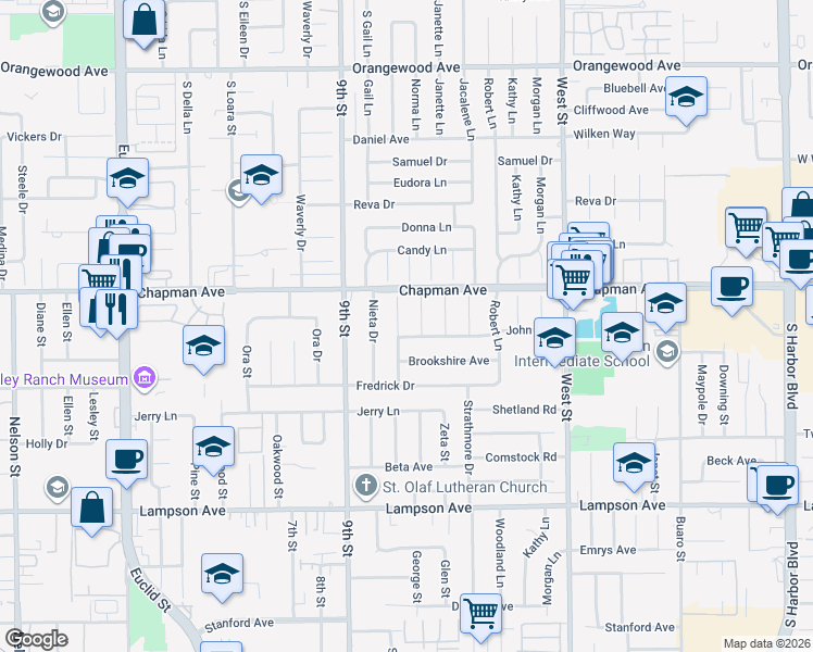 map of restaurants, bars, coffee shops, grocery stores, and more near 12082 Norma Lane in Garden Grove