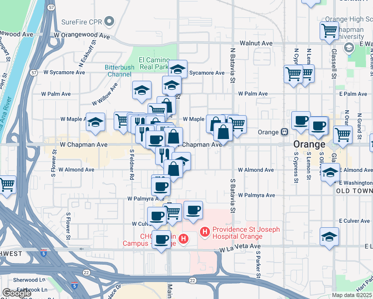 map of restaurants, bars, coffee shops, grocery stores, and more near 1234 West Chapman Avenue in Orange