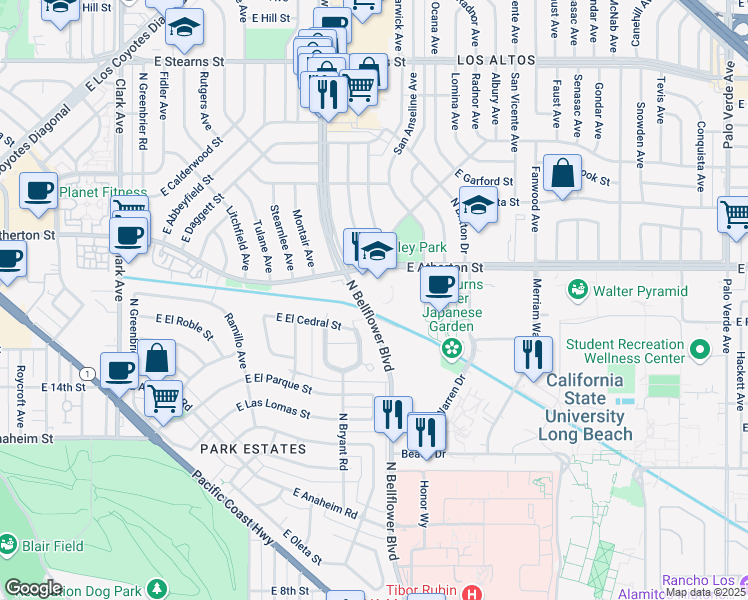 map of restaurants, bars, coffee shops, grocery stores, and more near 1720 North Bellflower Boulevard in Long Beach