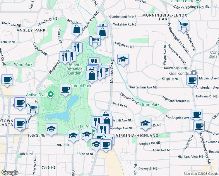 map of restaurants, bars, coffee shops, grocery stores, and more near 1202 Monroe Drive Northeast in Atlanta