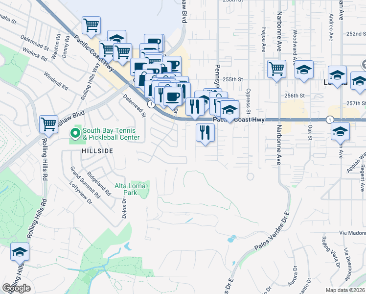 map of restaurants, bars, coffee shops, grocery stores, and more near 25921 Hillworth Avenue in Lomita