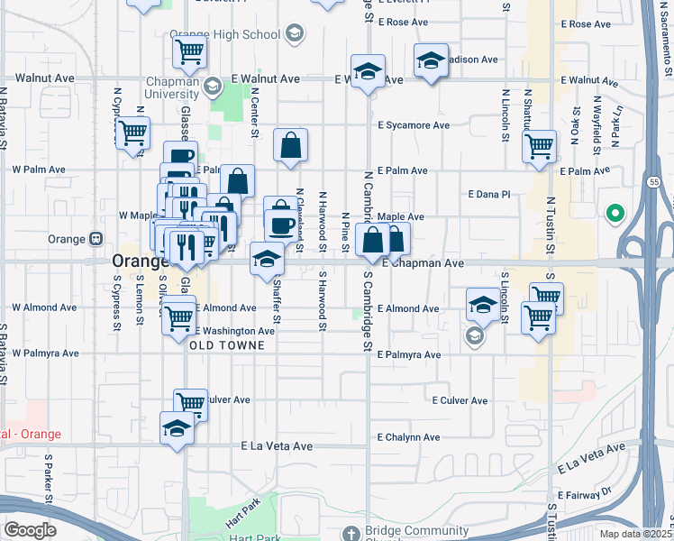 map of restaurants, bars, coffee shops, grocery stores, and more near 740 E Chapman Ave in Orange