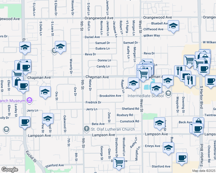 map of restaurants, bars, coffee shops, grocery stores, and more near 12081 Jennifer Lane in Garden Grove
