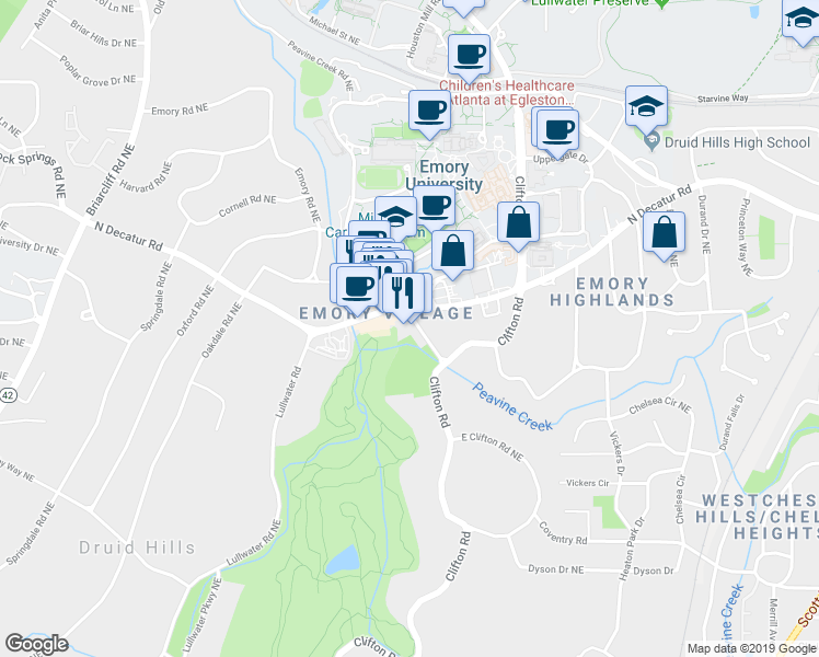map of restaurants, bars, coffee shops, grocery stores, and more near 1439 Oxford Road Northeast in Atlanta