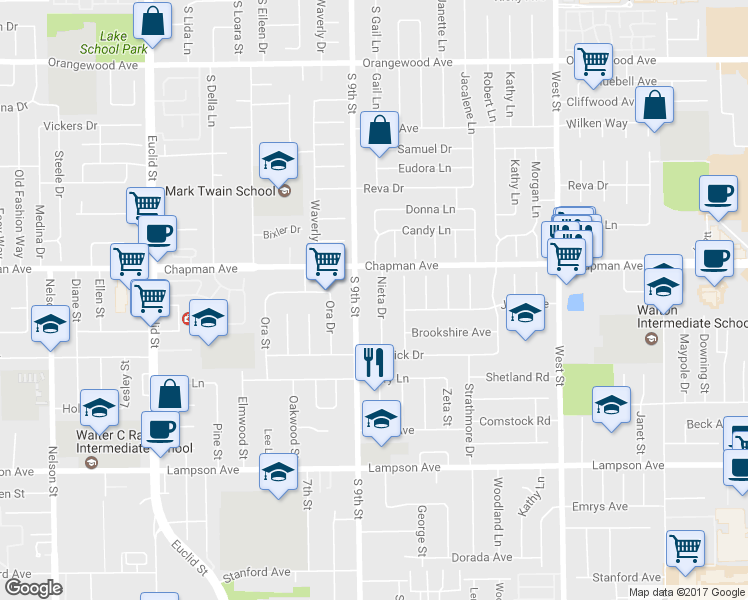 map of restaurants, bars, coffee shops, grocery stores, and more near 12081 Nieta Drive in Garden Grove