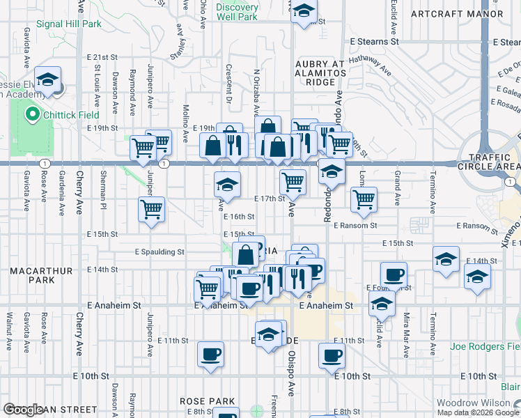 map of restaurants, bars, coffee shops, grocery stores, and more near 1612 Orizaba Avenue in Long Beach
