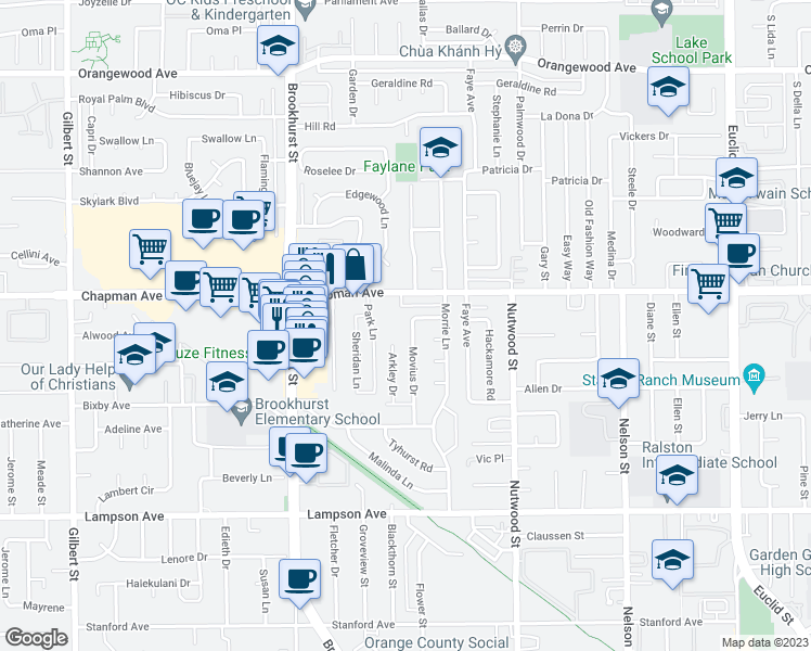 map of restaurants, bars, coffee shops, grocery stores, and more near 12061 Movius Drive in Garden Grove