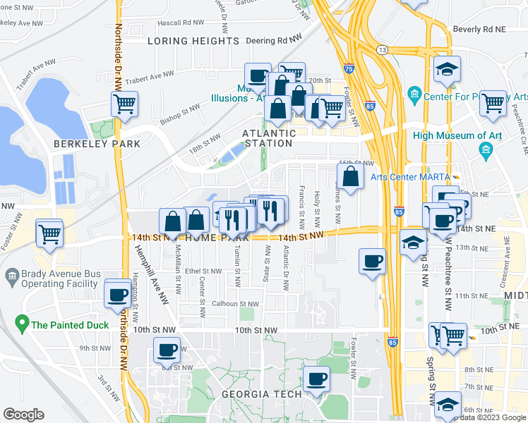 map of restaurants, bars, coffee shops, grocery stores, and more near 1214 State Street Northwest in Atlanta
