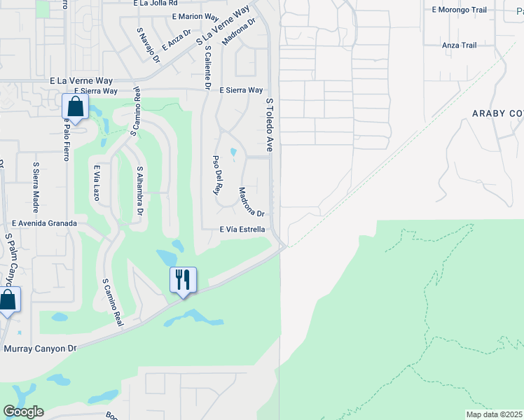 map of restaurants, bars, coffee shops, grocery stores, and more near 2490 Madrona Drive in Palm Springs
