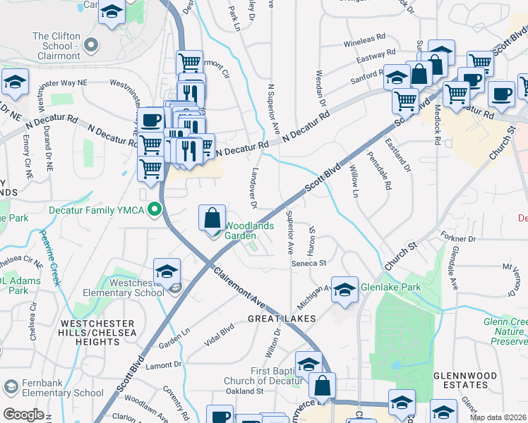 map of restaurants, bars, coffee shops, grocery stores, and more near 1050 Scott Boulevard in Decatur