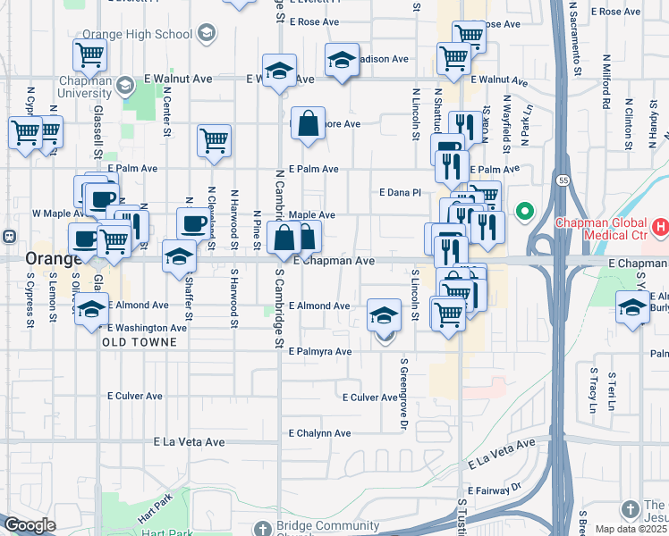 map of restaurants, bars, coffee shops, grocery stores, and more near 100-164 South Water Street in Orange