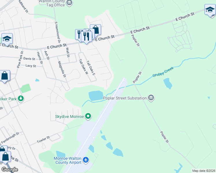 map of restaurants, bars, coffee shops, grocery stores, and more near 725B Eagles Trail in Monroe