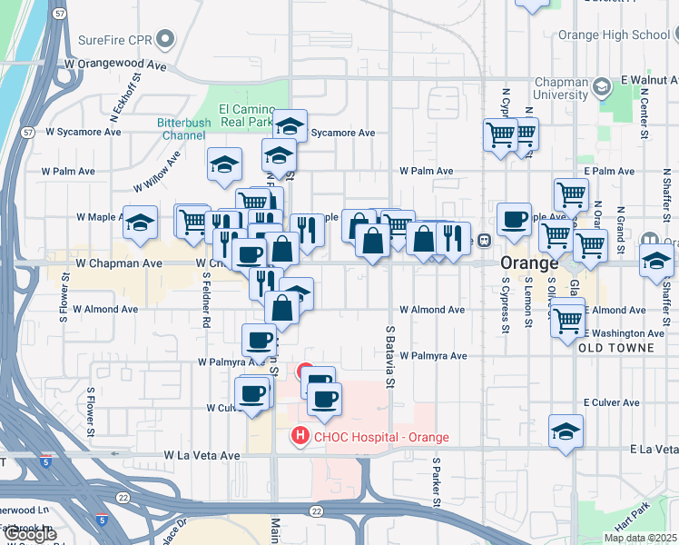 map of restaurants, bars, coffee shops, grocery stores, and more near 1100 West Chapman Avenue in Orange