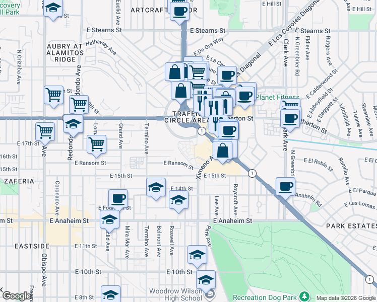map of restaurants, bars, coffee shops, grocery stores, and more near 1613 Ximeno Avenue in Long Beach