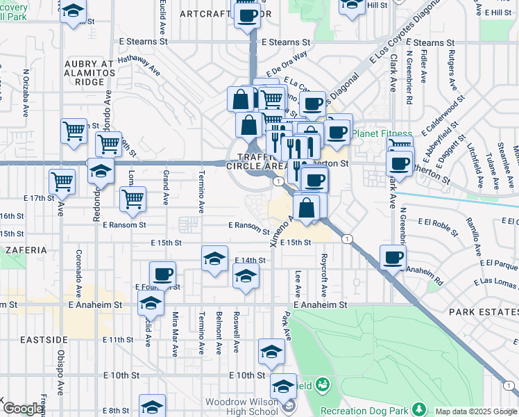 map of restaurants, bars, coffee shops, grocery stores, and more near 1613 Ximeno Avenue in Long Beach