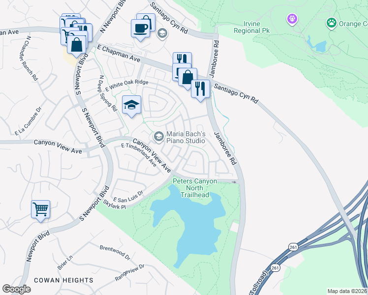 map of restaurants, bars, coffee shops, grocery stores, and more near 127 South Shadow Pines Road in Orange