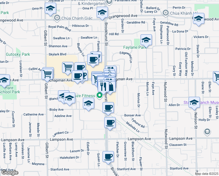 map of restaurants, bars, coffee shops, grocery stores, and more near 12062 Brookhurst Street in Garden Grove