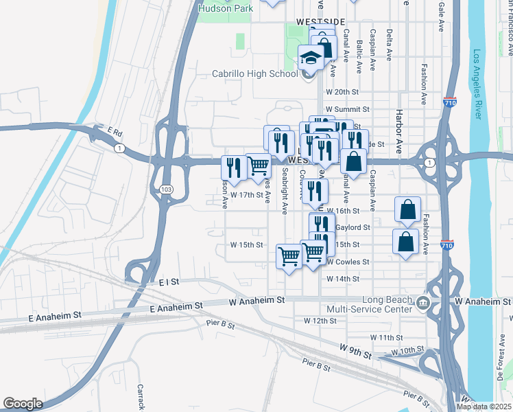 map of restaurants, bars, coffee shops, grocery stores, and more near 2029 West 16th Street in Long Beach