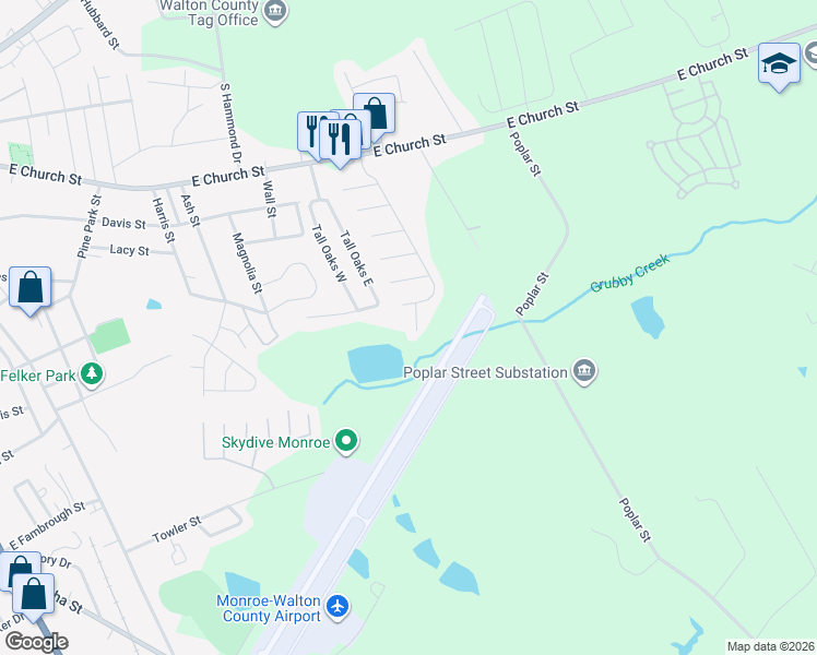 map of restaurants, bars, coffee shops, grocery stores, and more near 726 Eagles Trail in Monroe