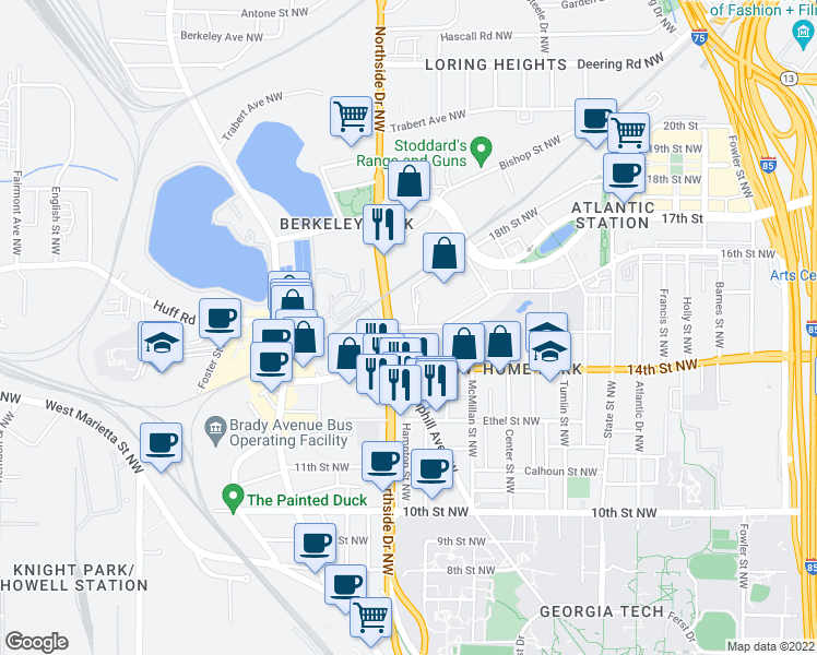 map of restaurants, bars, coffee shops, grocery stores, and more near 384 16th Street Northwest in Atlanta