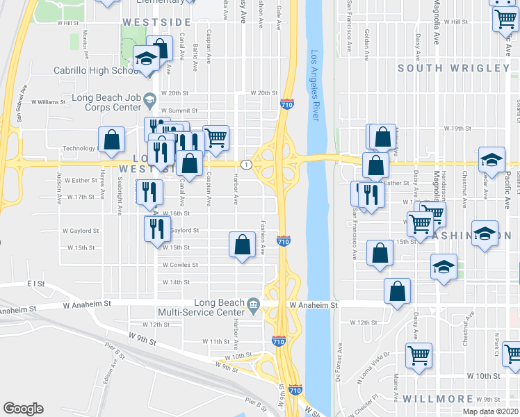 map of restaurants, bars, coffee shops, grocery stores, and more near 1651 Fashion Avenue in Long Beach