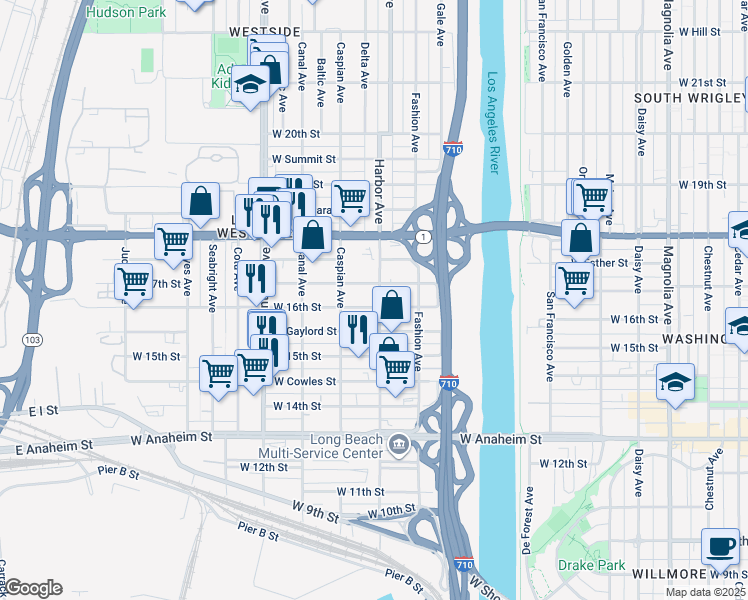map of restaurants, bars, coffee shops, grocery stores, and more near 1601 Harbor Avenue in Long Beach