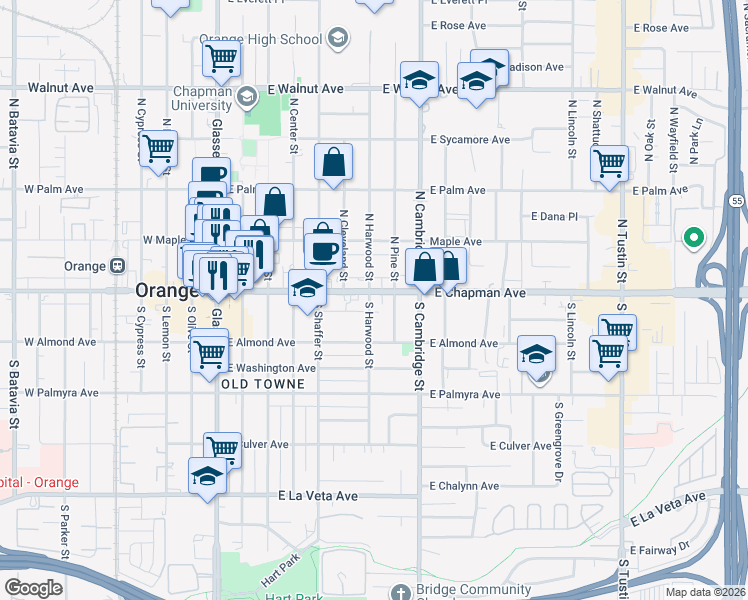 map of restaurants, bars, coffee shops, grocery stores, and more near 740 East Chapman Avenue in Orange