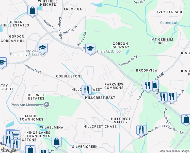 map of restaurants, bars, coffee shops, grocery stores, and more near 6810 Bridgewood Drive in Austell