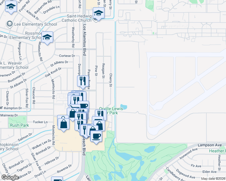 map of restaurants, bars, coffee shops, grocery stores, and more near 12072 Cherry Street in Los Alamitos