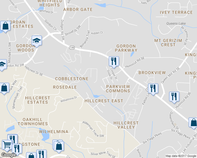 map of restaurants, bars, coffee shops, grocery stores, and more near 6810 Bridgewood Drive in Austell