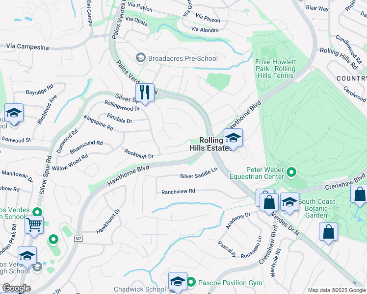 map of restaurants, bars, coffee shops, grocery stores, and more near 4637 Rockbluff Dr in Rolling Hills Estates