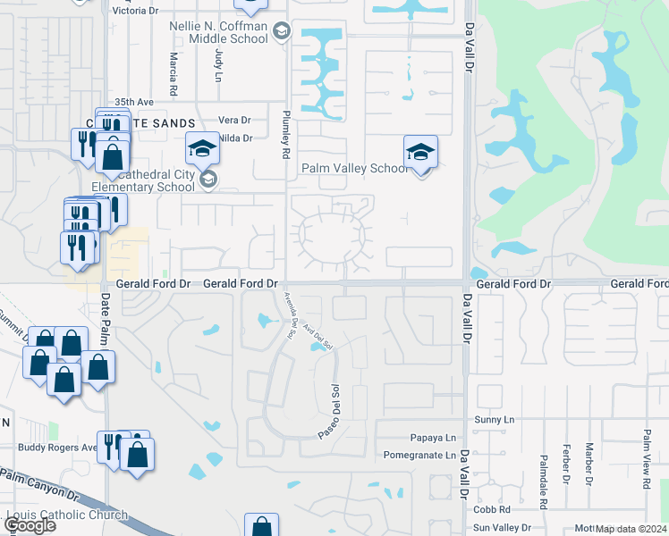 map of restaurants, bars, coffee shops, grocery stores, and more near 35981 Novio Court in Rancho Mirage