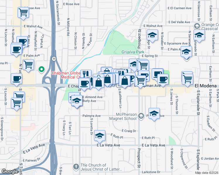 map of restaurants, bars, coffee shops, grocery stores, and more near 2922 East Chapman Avenue in Orange