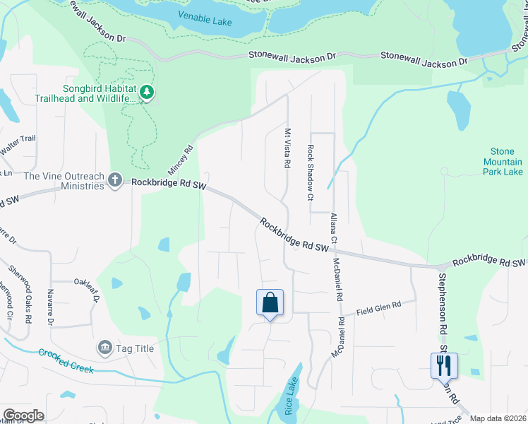 map of restaurants, bars, coffee shops, grocery stores, and more near 6270 Rockbridge Road Southwest in Stone Mountain