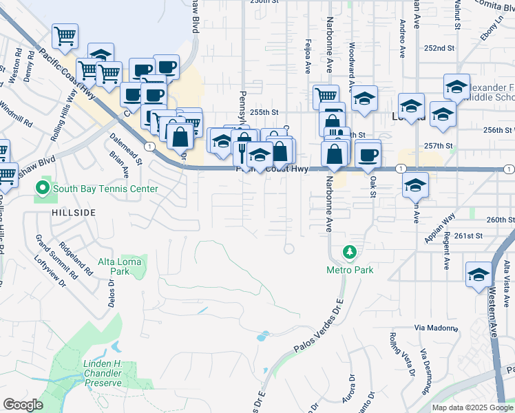 map of restaurants, bars, coffee shops, grocery stores, and more near 25917 Viana Avenue in Lomita