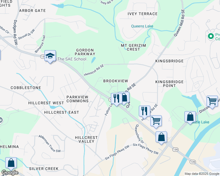 map of restaurants, bars, coffee shops, grocery stores, and more near 6778 Blackstone Place in Mableton