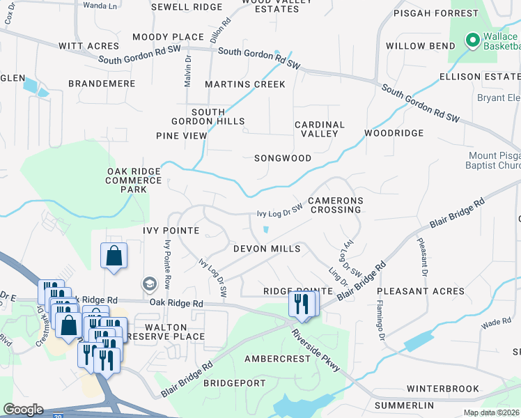 map of restaurants, bars, coffee shops, grocery stores, and more near 6785 Ivy Log Drive Southwest in Austell