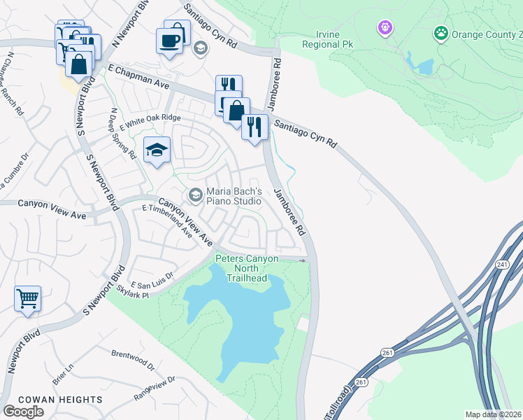 map of restaurants, bars, coffee shops, grocery stores, and more near 8525 East Biscayne Way in Orange
