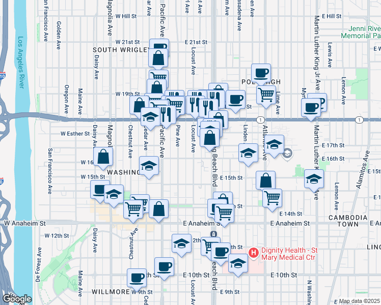 map of restaurants, bars, coffee shops, grocery stores, and more near 1604 Locust Avenue in Long Beach
