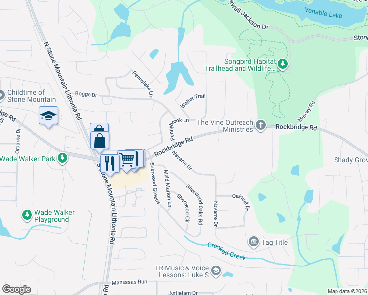 map of restaurants, bars, coffee shops, grocery stores, and more near 5891 Rockbridge Road Southwest in Stone Mountain