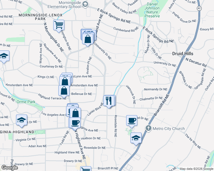 map of restaurants, bars, coffee shops, grocery stores, and more near 1197 Lanier Boulevard Northeast in Atlanta