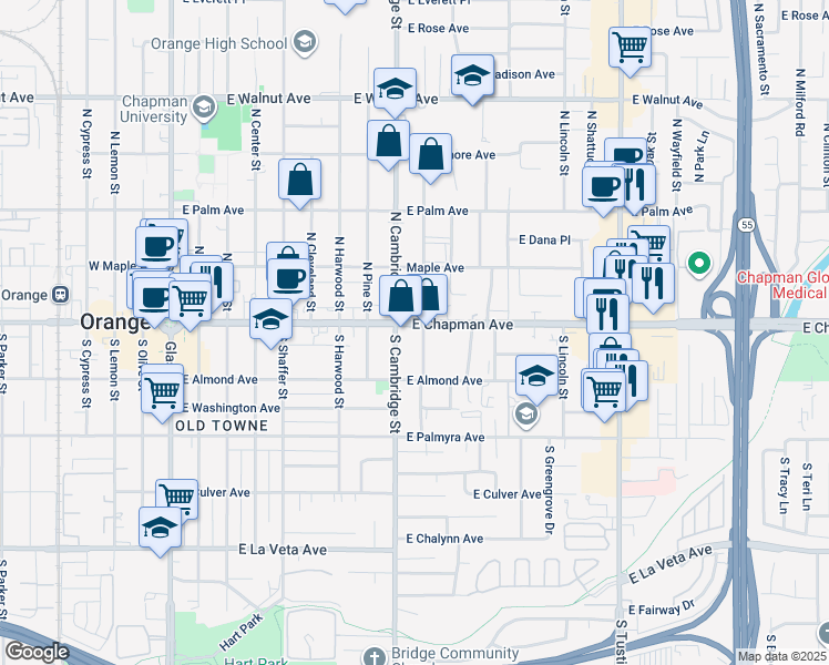 map of restaurants, bars, coffee shops, grocery stores, and more near 1042 East Chapman Avenue in Orange