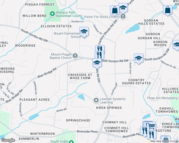 map of restaurants, bars, coffee shops, grocery stores, and more near 760 Wade Farm Drive in Austell