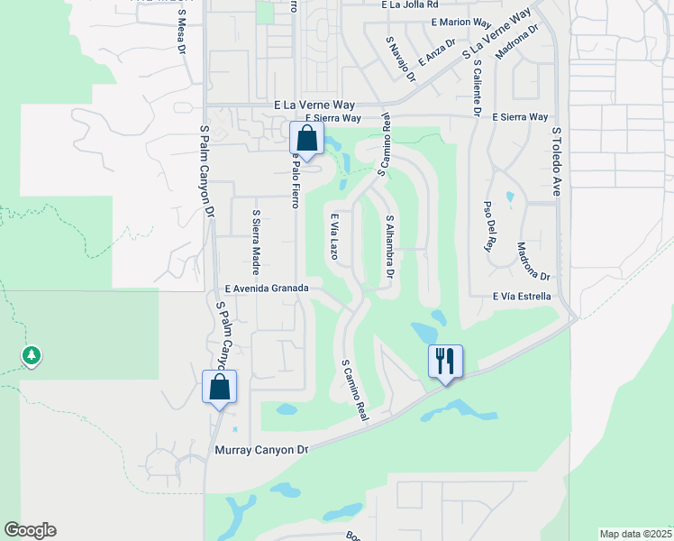 map of restaurants, bars, coffee shops, grocery stores, and more near 2455 East Vía Lazo in Palm Springs