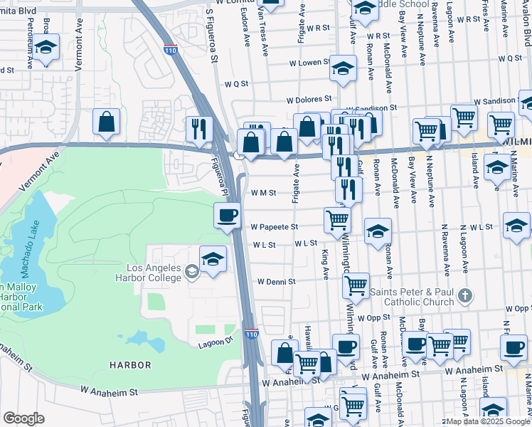 map of restaurants, bars, coffee shops, grocery stores, and more near 1280 West Robidoux Street in Los Angeles