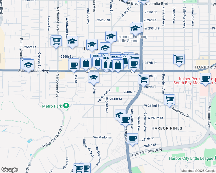 map of restaurants, bars, coffee shops, grocery stores, and more near 1913 259th Place in Lomita