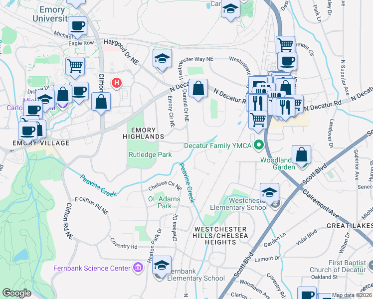 map of restaurants, bars, coffee shops, grocery stores, and more near 423 Mill Creek Bend Northeast in Atlanta