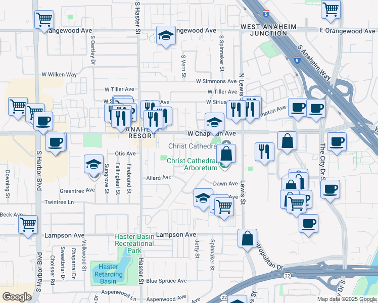 map of restaurants, bars, coffee shops, grocery stores, and more near 12072 Laguna Street in Garden Grove