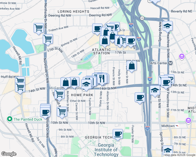 map of restaurants, bars, coffee shops, grocery stores, and more near 1214 State Street Northwest in Atlanta