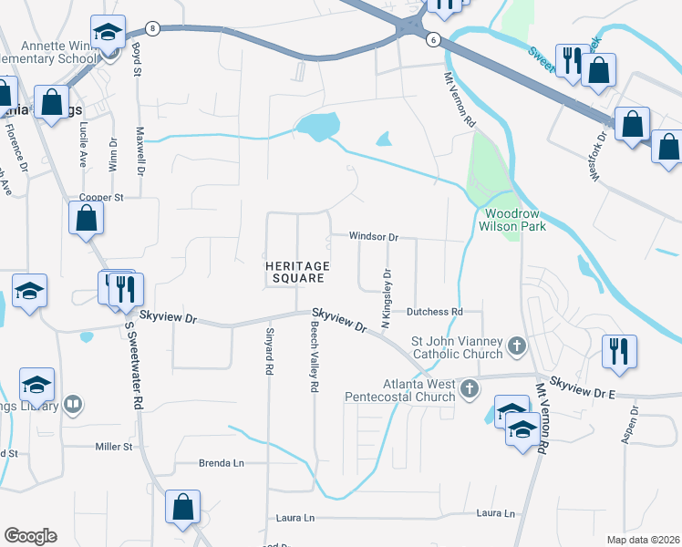 map of restaurants, bars, coffee shops, grocery stores, and more near 637 Heather Drive in Lithia Springs